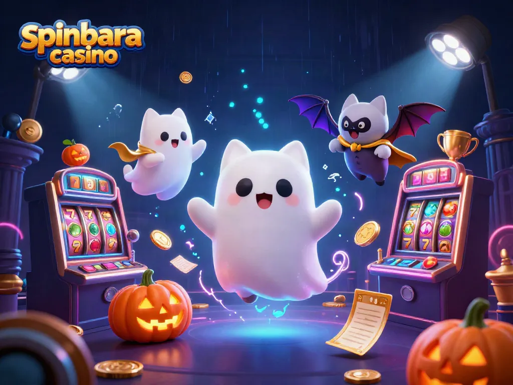 Experience the excitement of spinbara casino with a ghost cat and bat in a vibrant, haunted casino scene.