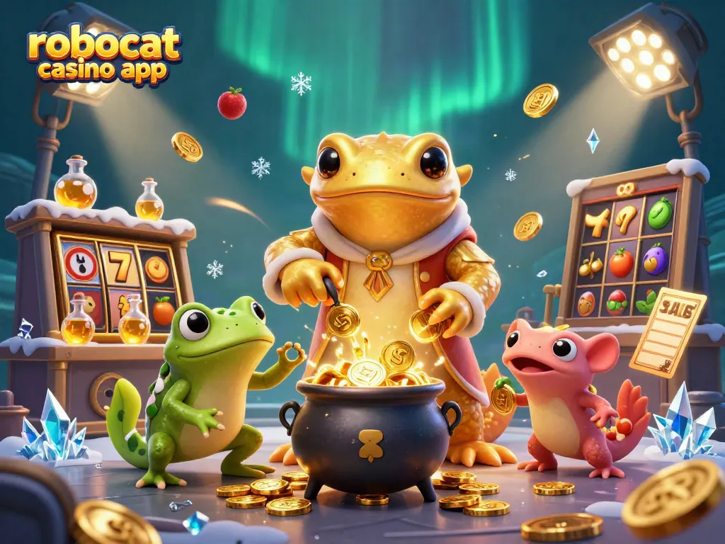 Experience thrilling gameplay with Robocat Casino App, featuring vibrant slots and gold coins.
