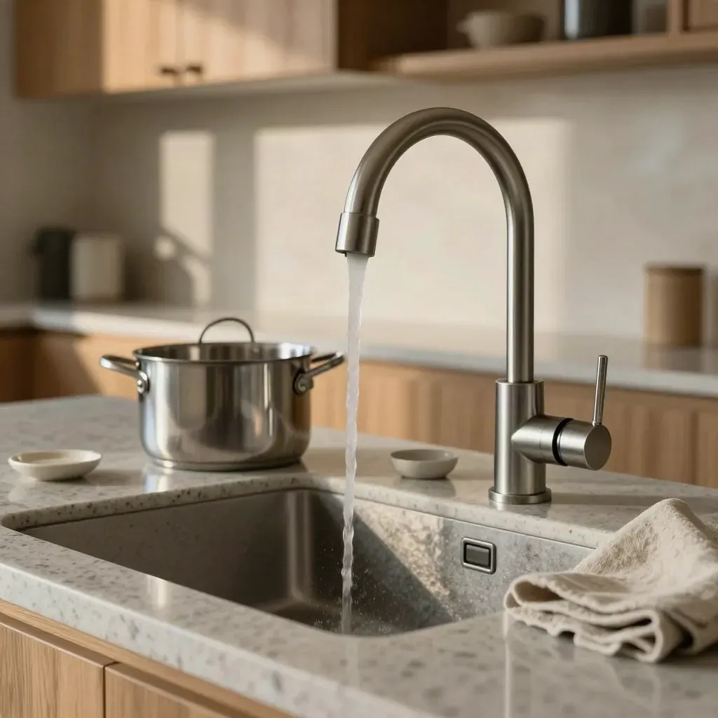 Grifo de acero cepillado con agua corriendo sobre fregadero de granito, olla y paño doblado.