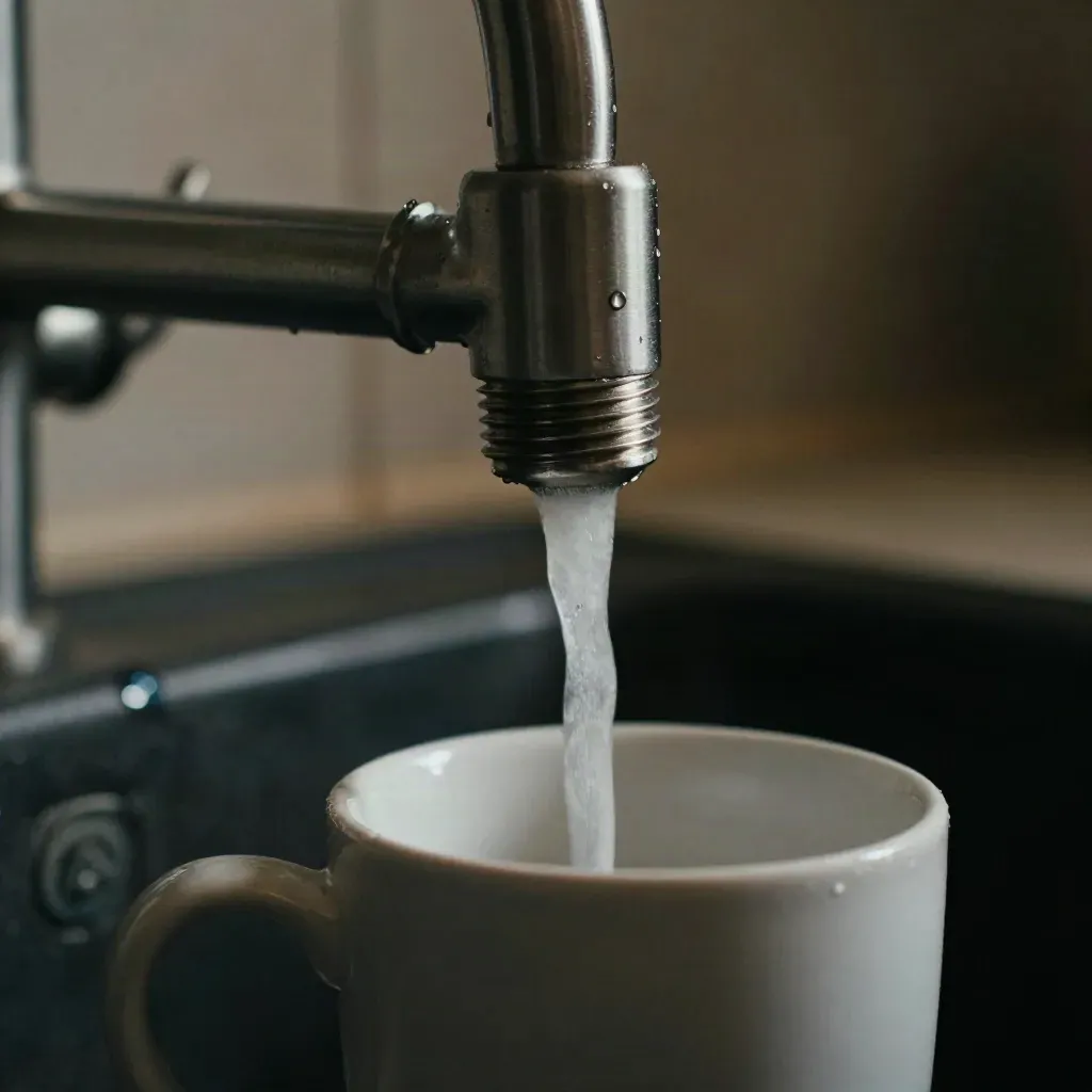 Aireador de ahorro en un grifo, con chorro fino cayendo en un vaso de loza en penumbra.