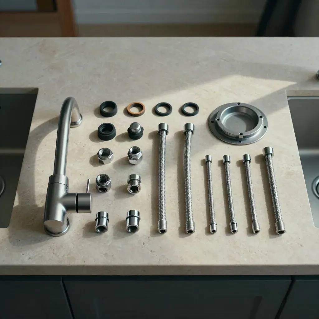 Kit de montaje de grifo de cocina sobre encimera de piedra, visto desde arriba