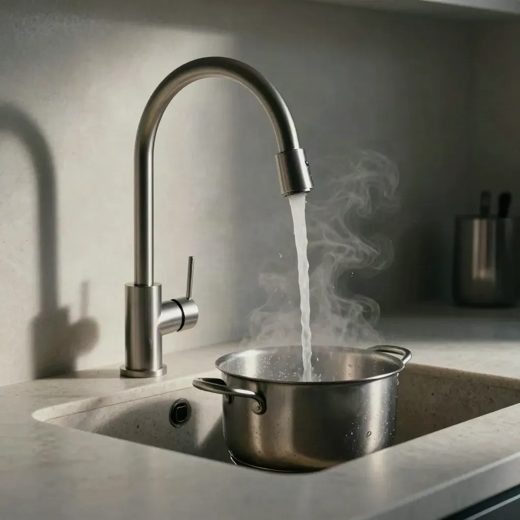 Grifo alto de acero cepillado llenando una olla sobre fregadero profundo, con vapor suave.