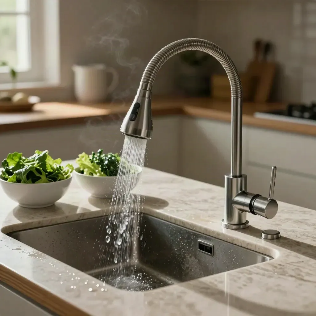 Grifo extraíble rociando agua sobre cuencos de verduras lavadas en una cocina luminosa.