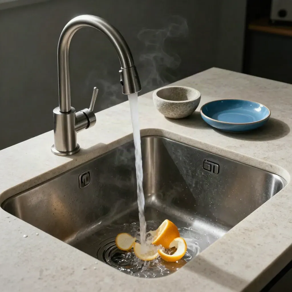 Grifo de cocina de acero sobre fregadero profundo con cáscaras de cítrico y cuenco de piedra.