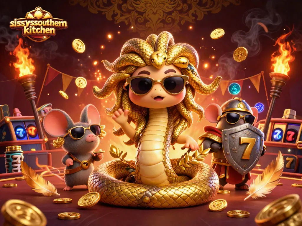 Sissyssouthernkitchen showcases a dynamic casino scene with Medusa and a warrior mouse winning big at slots filled with gold.